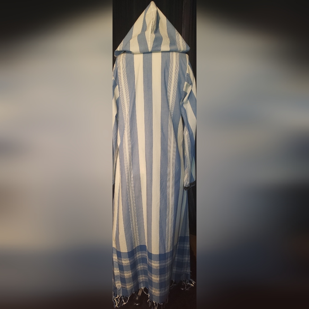 NWT. Tory Burch pinstripe blue white Striped Hood Kaftan sequins embroid   dress - Picture 7 of 16